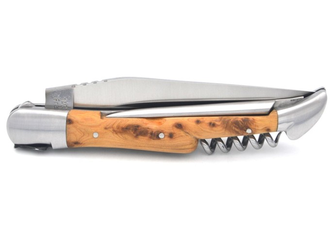 Laguiole pliant 12 cm, lame, tire-bouchon et poinçon, cade genévrier