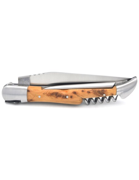 Laguiole pocket knife, 12 cm, blade and awl and corkscrew, juniper handle with matt bolsters