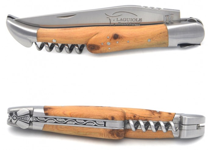 Laguiole pocket knife 12 cm, chiselled bee and spring, blade & awl & corkscrew, juniper handle with matt bolsters
