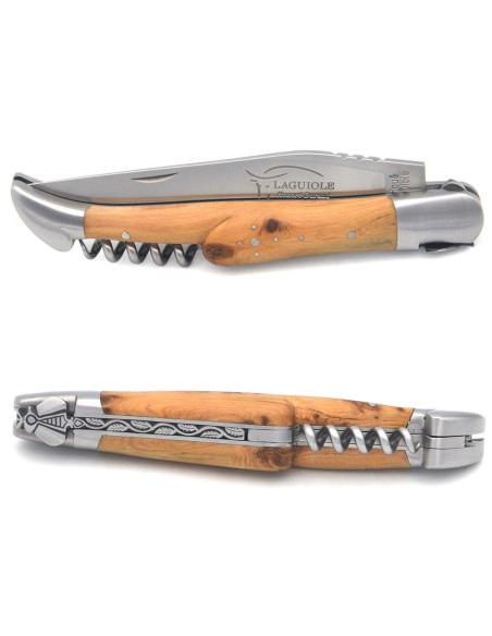 Laguiole pocket knife, 12 cm, blade and awl and corkscrew, juniper handle with matt bolsters