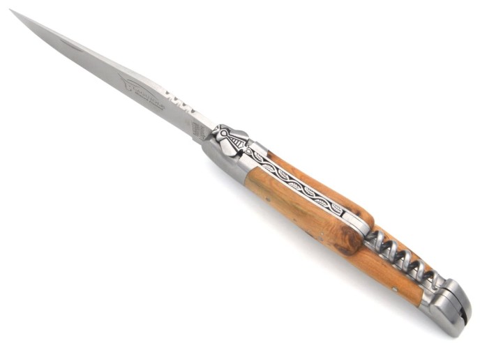 Laguiole Klappmesser 12cm, Biene und Feder mit Stichel gemeißeltKlinge, Korkenzieher und Dorn, Wacholderholz, mattem Edelstahl