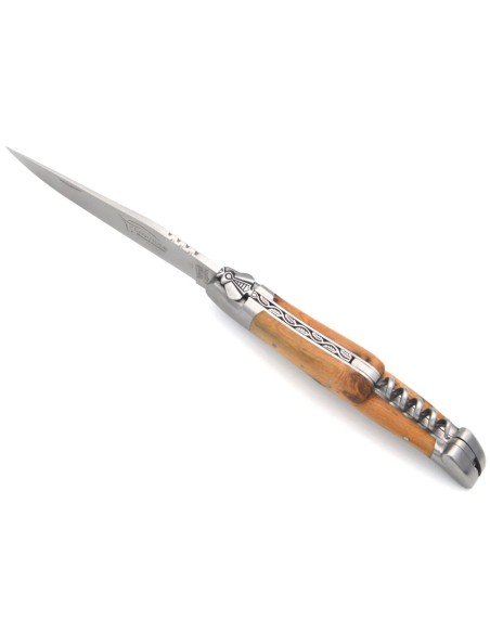 Laguiole Klappmesser 12cm, Biene und Feder mit Stichel gemeißeltKlinge, Korkenzieher und Dorn, Wacholderholz, mattem Edelstahl