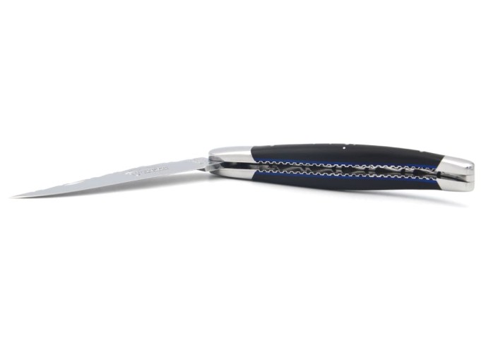 Laguiole pocket knife, 12 cm, forged bee, top and bottom chiseling, matt bolsters, ebony & blue spacer