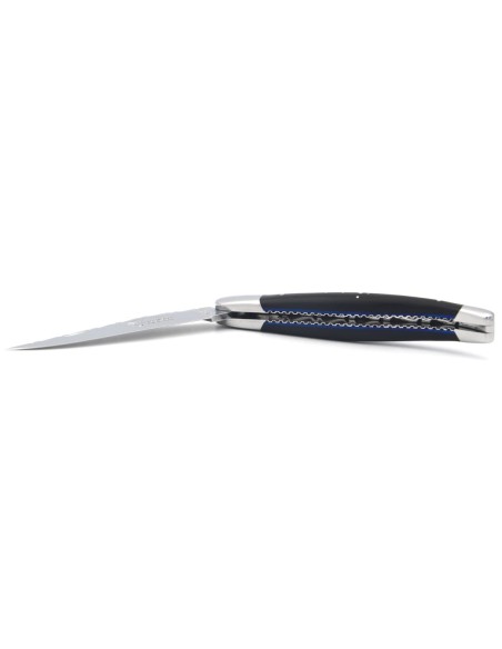 Laguiole pocket knife, 12 cm, forged bee, top and bottom chiseling, matt bolsters, ebony & blue spacer