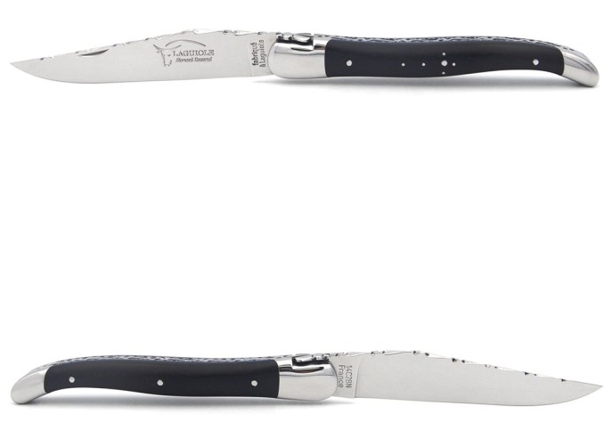 Laguiole pocket knife, 12 cm, forged bee, top and bottom chiseling, matt bolsters, ebony & blue spacer