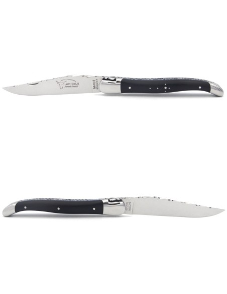 Laguiole pocket knife, 12 cm, forged bee, top and bottom chiseling, matt bolsters, ebony & blue spacer
