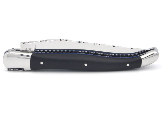 Laguiole pocket knife, 12 cm, forged bee, top and bottom chiseling, matt bolsters, ebony & blue spacer