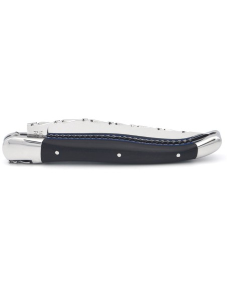 Laguiole pocket knife, 12 cm, forged bee, top and bottom chiseling, matt bolsters, ebony & blue spacer