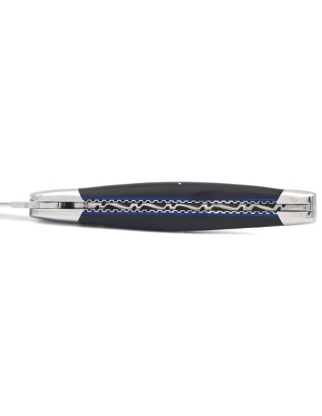 Laguiole pocket knife, 12 cm, forged bee, top and bottom chiseling, matt bolsters, ebony & blue spacer
