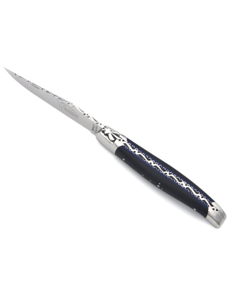 Laguiole pocket knife, 12 cm, forged bee, top and bottom chiseling, matt bolsters, ebony & blue spacer