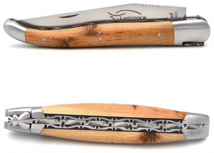 Laguiole pocket knife, 12 cm, chiseled double plates, juniper & black interlayer handle