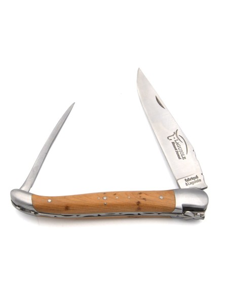 Laguiole Klappmesser, 12cm, gehacktes Drittel der Klinge, Klinge und Dorn, mattem Edelstahl, Griff aus Wacholderholz