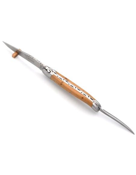 Laguiole Klappmesser, 12cm, gehacktes Drittel der Klinge, Klinge und Dorn, mattem Edelstahl, Griff aus Wacholderholz