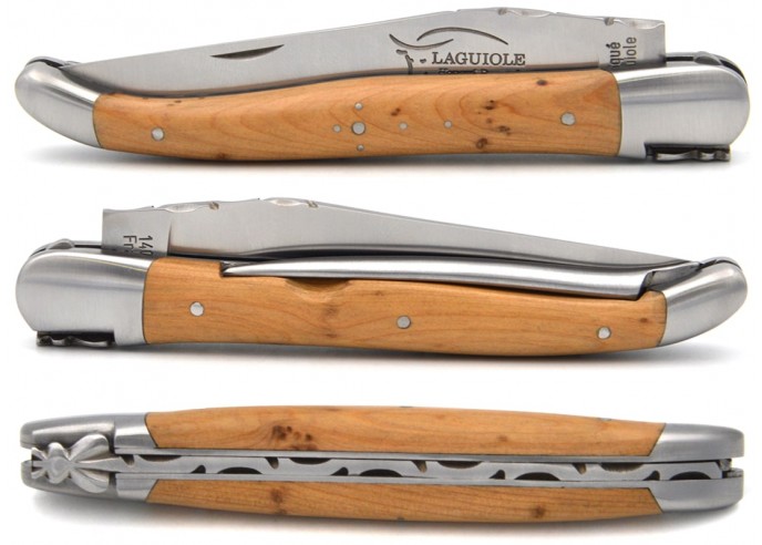 Laguiole pocket knife, 12 cm, third of blade chiselled, blade and awl, juniper handle with matt bolsters