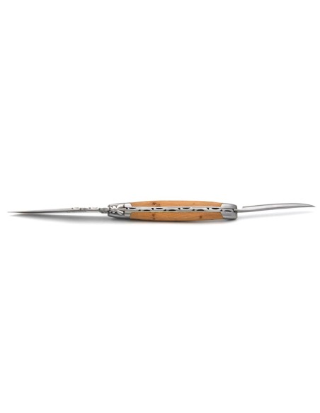 Laguiole Klappmesser, 12cm, gehacktes Drittel der Klinge, Klinge und Dorn, mattem Edelstahl, Griff aus Wacholderholz