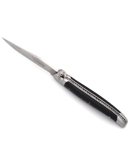 Laguiole pocket knife, trout motif bee, file-chiselled spring, ebony