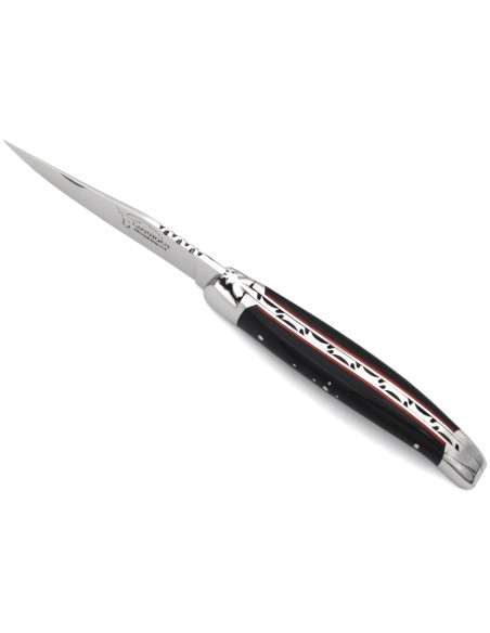 Laguiole pocket knife, 11 cm, dark horn tip handle & red spacer