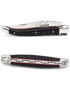 Laguiole pliant 11 cm, manche en pointe de corne foncée & intercalaire rouge