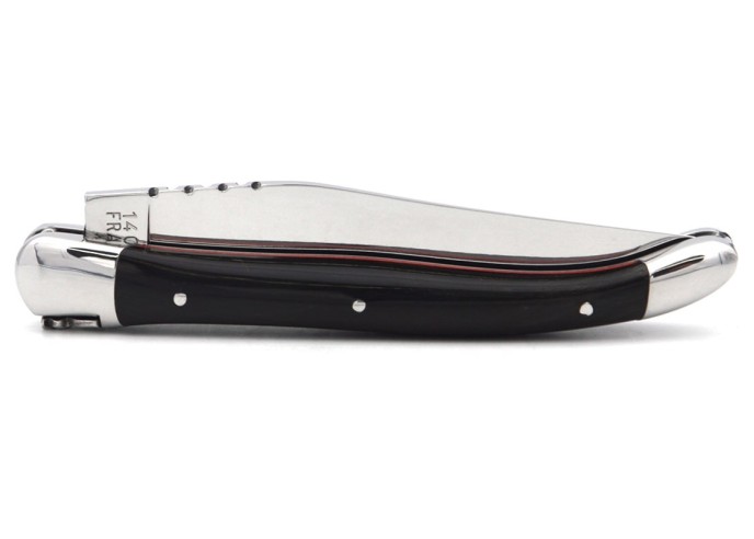 Laguiole pocket knife, 11 cm, dark horn tip handle & red spacer