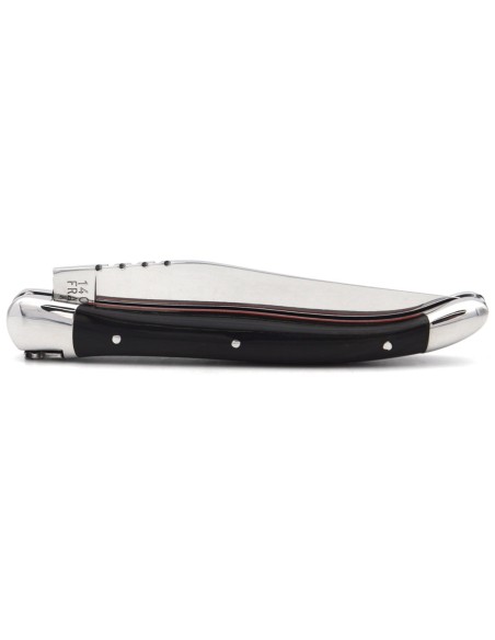 Laguiole pliant 11 cm, manche en pointe de corne foncée & intercalaire rouge