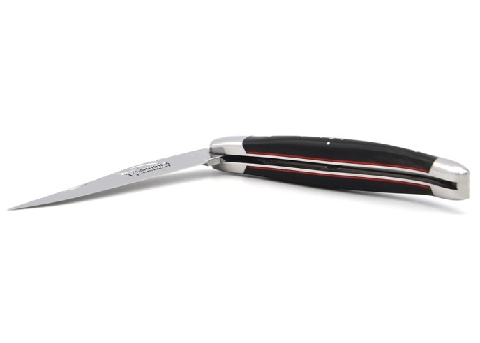 Laguiole pliant 11 cm, manche en pointe de corne foncée & intercalaire rouge