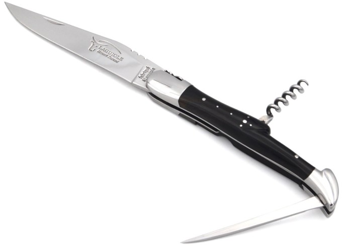 Laguiole pocket knife, 12 cm, blade and awl and corkscrew, dark horn tip handle with polished bolsters