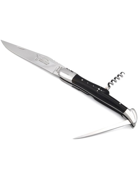 Laguiole pocket knife, 12 cm, blade and awl and corkscrew, dark horn tip handle with polished bolsters