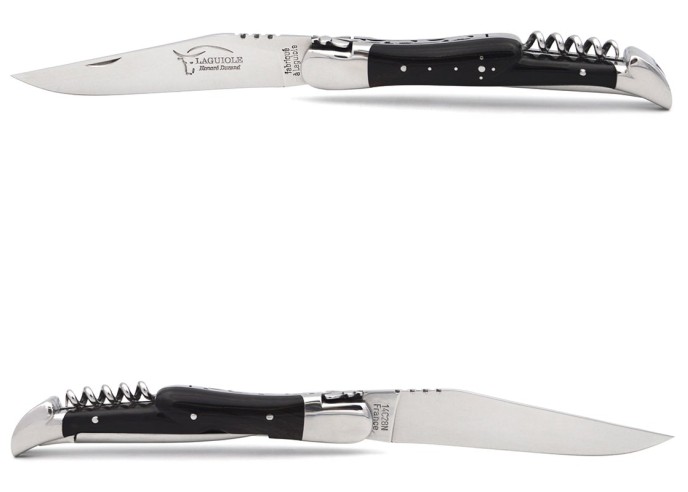 Laguiole pocket knife, 12 cm, blade and awl and corkscrew, dark horn tip handle with polished bolsters