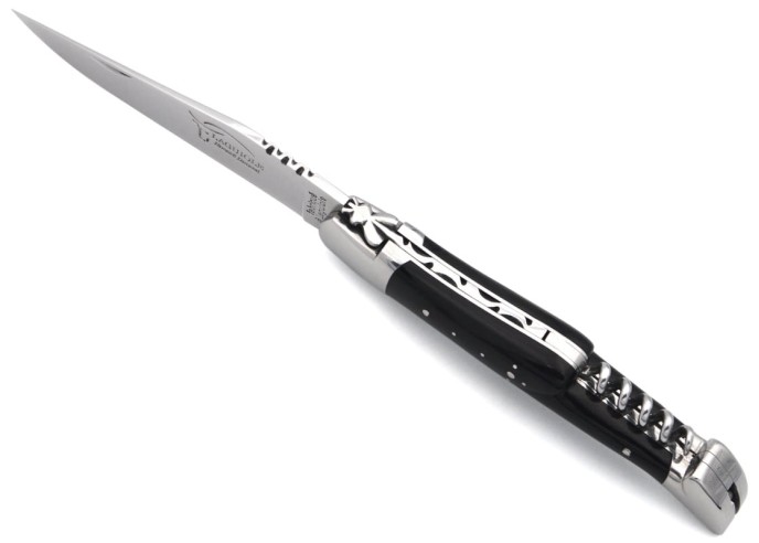 Laguiole pocket knife, 12 cm, blade and awl and corkscrew, dark horn tip handle with polished bolsters