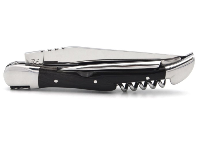 Laguiole pocket knife, 12 cm, blade and awl and corkscrew, dark horn tip handle with polished bolsters