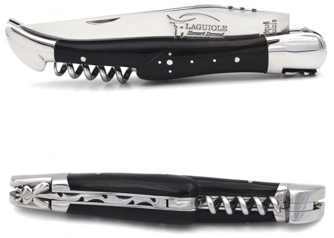 Laguiole pocket knife, 12 cm, blade and awl and corkscrew, dark horn tip handle with shiny bolsters