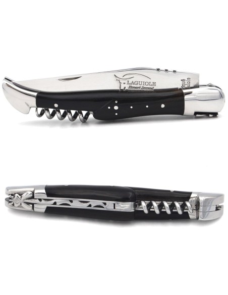 Laguiole pocket knife, 12 cm, blade and awl and corkscrew, dark horn tip handle with polished bolsters