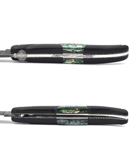 Laguiole Honoré Durand, ébène insert molaire de mammouth vert/bleu