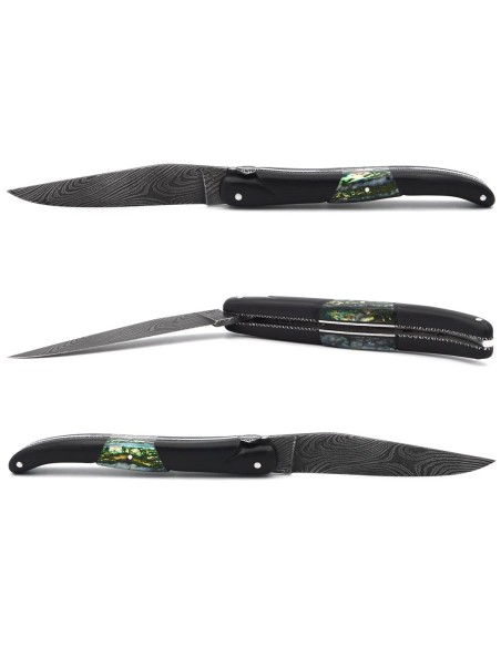 Laguiole Honoré Durand, ébène insert molaire de mammouth vert/bleu