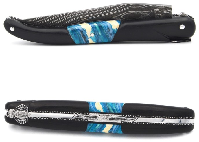 Laguiole aus Ebenholz mit Einlage aus blau Mammutmolar