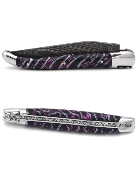 Laguiole pocket knife, 12 cm, "wild" Damascus steel blade, bee and spring hand-chiseled, mammoth molar handle