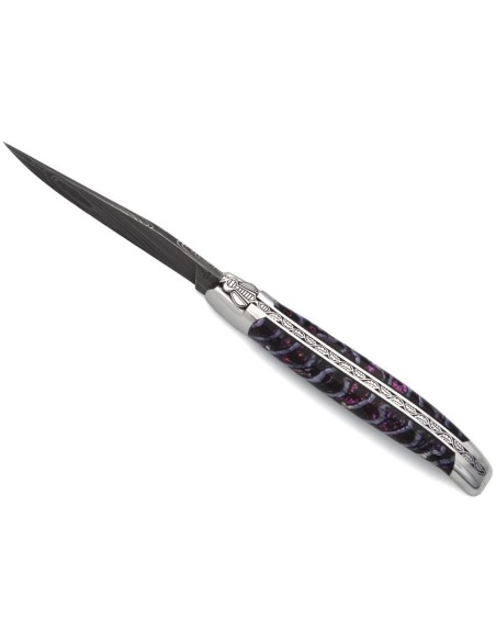 Laguiole pliant 12 cm, lame acier Damas motif "sauvage", abeille & ressort ciselés burin, manche en molaire de mammouth violette