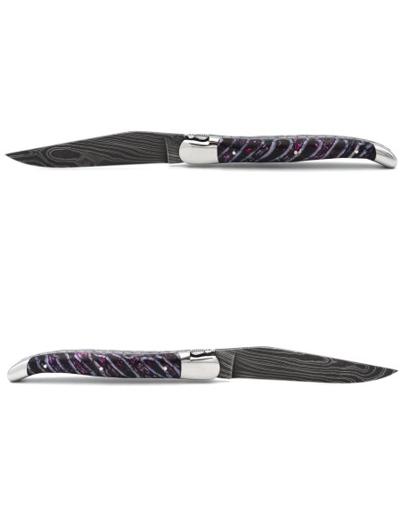 Laguiole Klappmesser, 12cm, Damast wildem Muster, Biene und Feder mit Meißel handziseliert, Griff aus Mammut-Molar