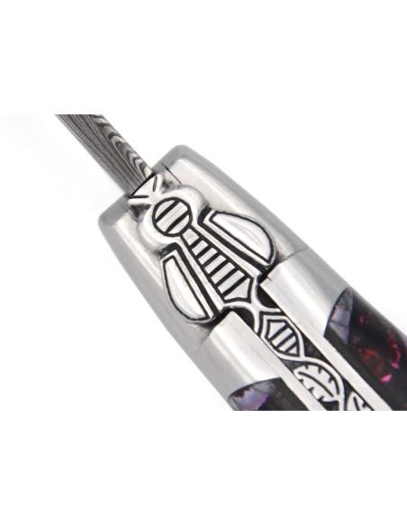 Laguiole pliant 12 cm, lame acier Damas motif "sauvage", abeille & ressort ciselés burin, manche en molaire de mammouth violette