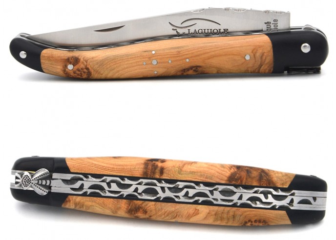 Laguiole 12 cm, classic forged bee n°1, double plates and third of the blade chiselled, juniper, paperstone bolsters
