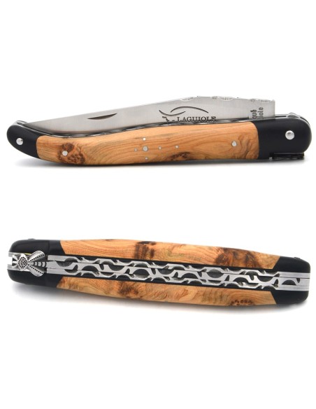 Laguiole 12 cm, Doppelplatinen und Klinge ziseliert, Olivenholz mit schwarz Vulkanfiber