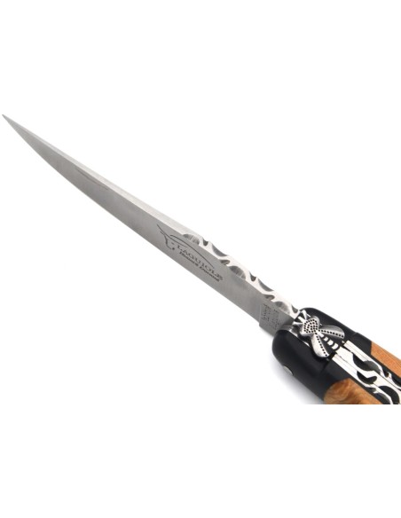 Laguiole 12 cm, Doppelplatinen und Klinge ziseliert, Olivenholz mit schwarz Vulkanfiber