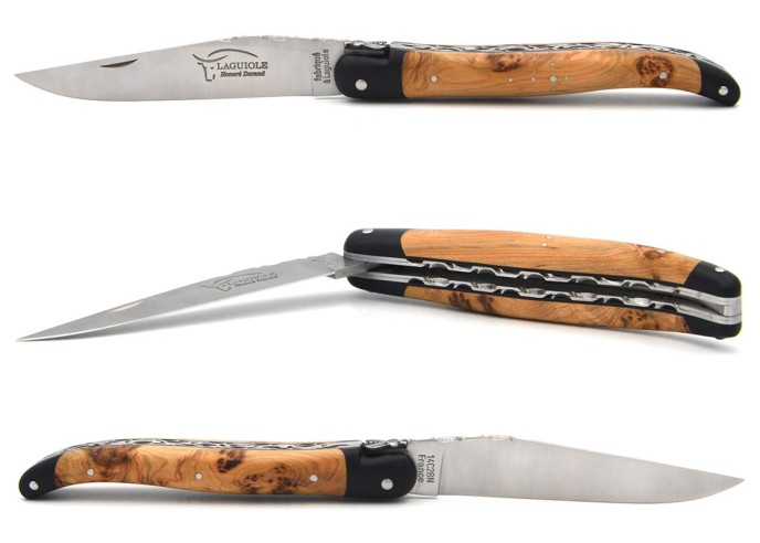 Laguiole 12 cm, abeille classique n°2, doubles platines & dos de lame ciselés, manche olivier & intercalaire noir