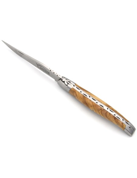 Laguiole Klappmesser, 13cm, Geschmiedete Biene, Heftbacken aus mattem Edelstahl, Griff aus Griff aus Olivenholz