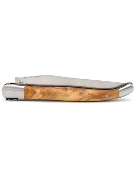 Laguiole pliant, 13 cm, manche olivier, lame seule, mitres inox mat