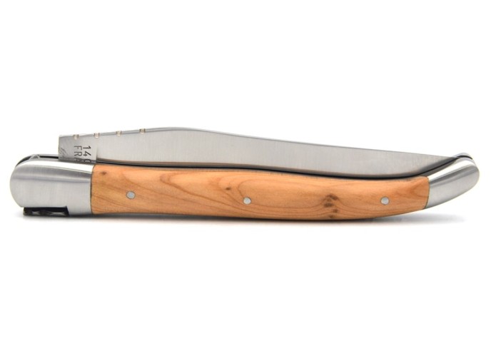 Laguiole Klappmesser, 13cm, Geschmiedete Biene, Heftbacken aus mattem Edelstahl, Griff aus Wacholderholz