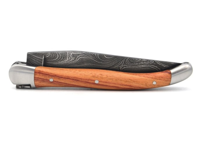 Laguiole 11 cm, Damast Klinge, Heftbacken aus mattem Edelstahl, Rosenholz