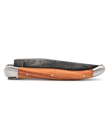 Laguiole 11 cm, Damast Klinge, Heftbacken aus mattem Edelstahl, Rosenholz
