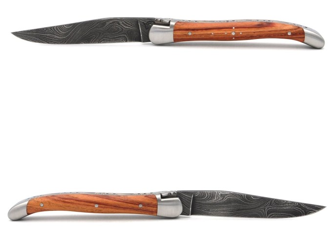 Laguiole pocket knife, 11 cm, forged bee, Damascus steel blade, rosewood handle with matt bolsters