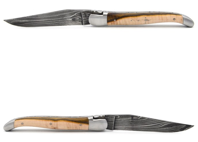 Laguiole pocket knife, 12 cm, forged bee, Damascus steel blade, pistachio wood handle with matt bolsters